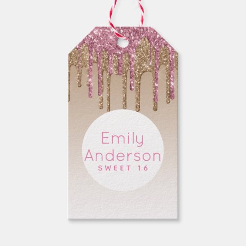 Dripping Glitter Sweet16 Rose Gold Pink 16th Party Gift Tags