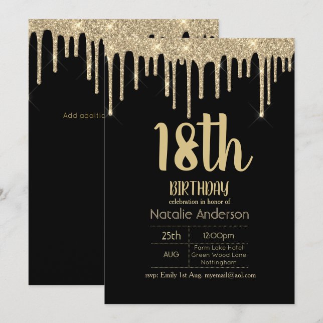 Dripping Glitter Typography 18th Girls Modern Invitation (Front/Back)