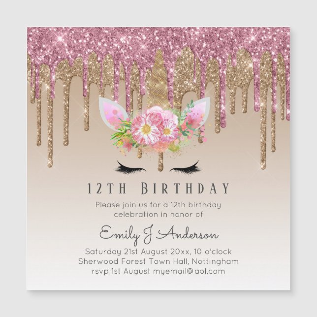 Dripping Glitter UNICORN Rose Gold Pink 12th Bday (Front)