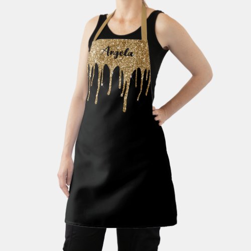 Dripping Gold Glitter Black Personalized M Apron