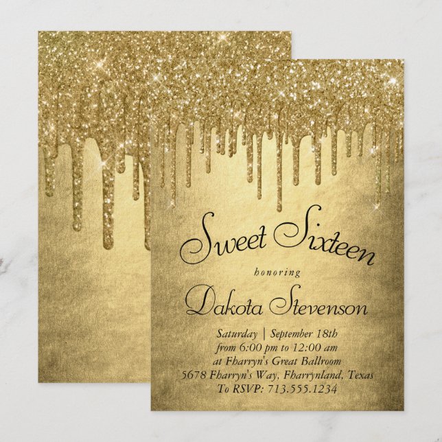 Dripping Gold Glitter | Champagne Sweet Sixteen Invitation (Front/Back)