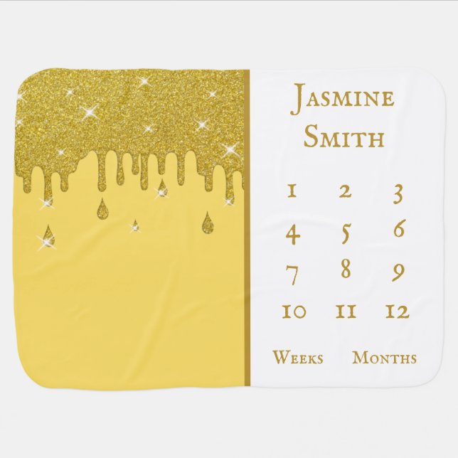 Dripping Gold Glitter Effect & Sparkles Milestone Baby Blanket (Horizontal)