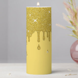 Dripping Gold Glitter Effect & Sparkles Pillar Candle