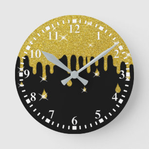 Dripping Gold Glitter Effect & Sparkles Round Clock