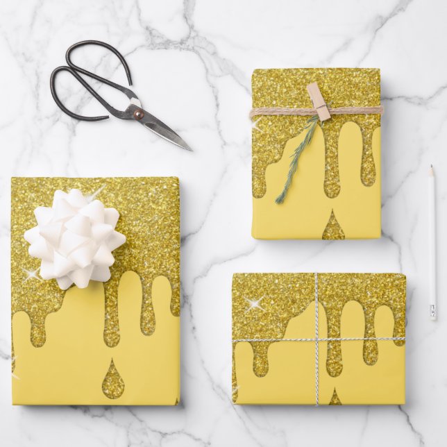 Dripping Gold Glitter Effect & Sparkles Wrapping Paper Sheets (Front)