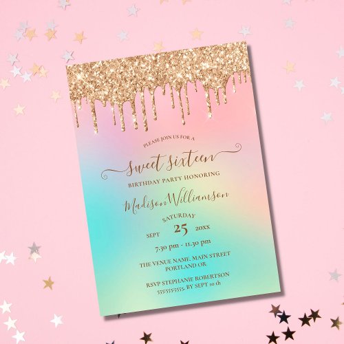 Dripping Gold Glitter  Rainbow Sweet 16 Birthday  Invitation