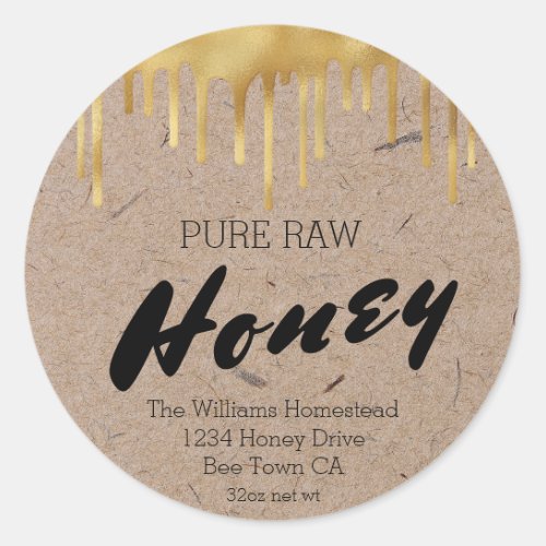  Dripping Gold Kraft Paper Honey Jar  Apiary Name Classic Round Sticker