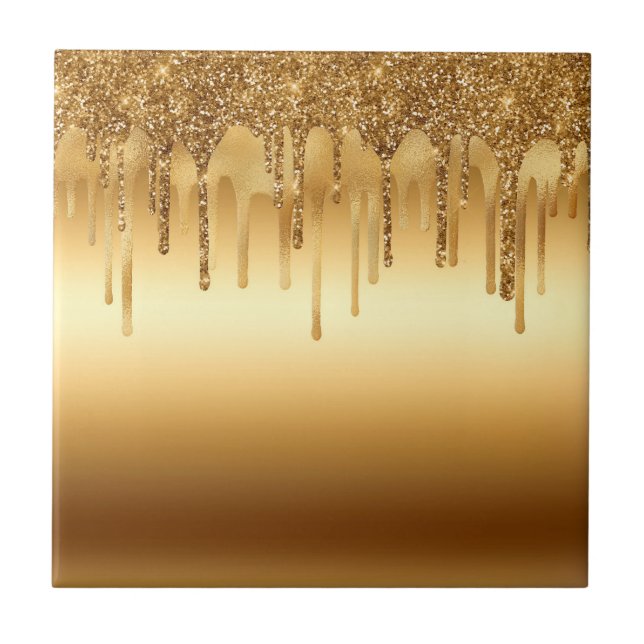 Dripping Gold Paint Glitter Accents Sparkly Ceramic Tile (Front)