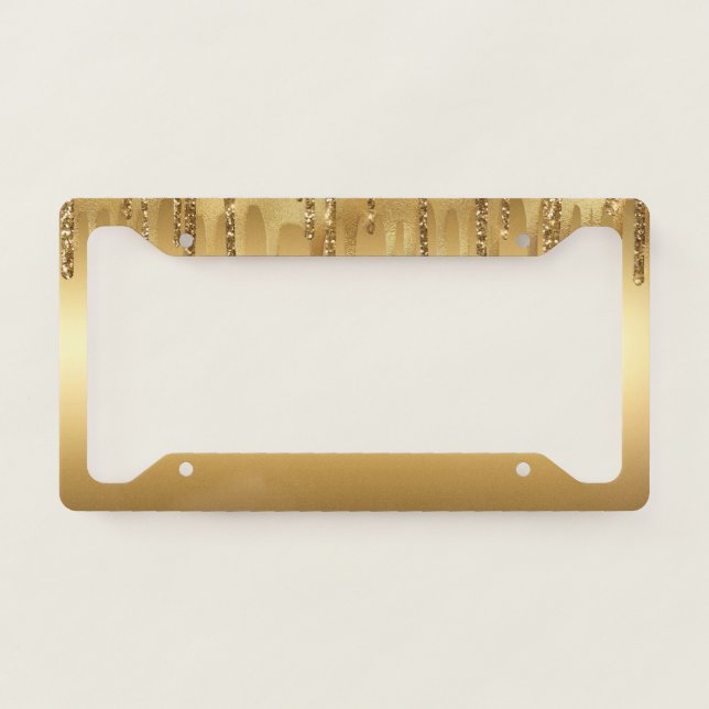 Dripping Gold Paint Glitter Accents Sparkly License Plate Frame (Front)