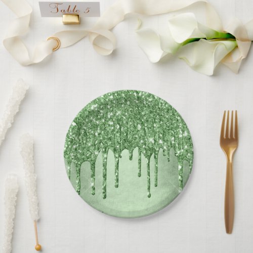 Dripping Green Glitter  Neo_Mint Sage Faux Melt Paper Plates
