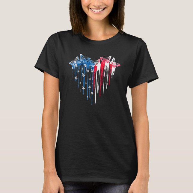 Dripping Heart American Flag Butterflies T-Shirt (Front)