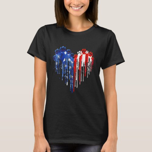 Dripping Heart Dog Paw Us Flag 4th Of July Dog T_Shirt