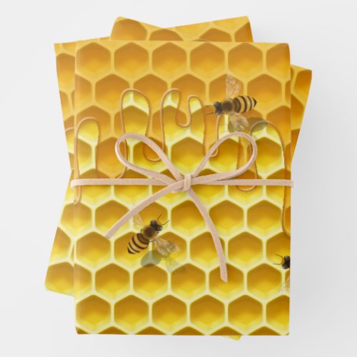 Dripping Honeycomb  Flying Honeybees Wrapping Paper Sheets