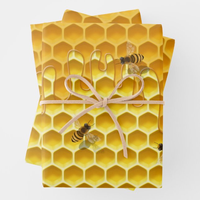Dripping Honeycomb & Flying Honeybees Wrapping Paper Sheets (In situ)