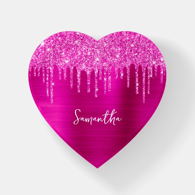 Dripping Hot Pink Glitter Magenta Glam Name Paperweight (Front)