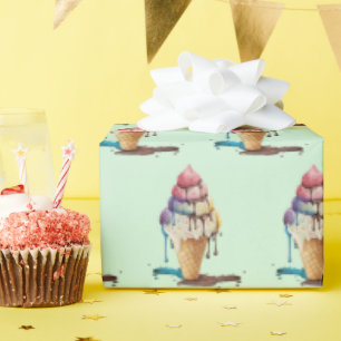 Dripping Ice Cream Cone on Green Wrapping Paper