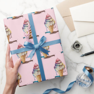 Dripping Ice Cream Cone on Pink Wrapping Paper