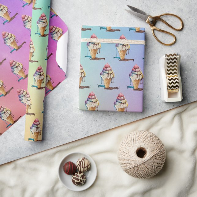 Dripping Ice Cream Cone on Rainbow Gradient Wrapping Paper (Crafts)