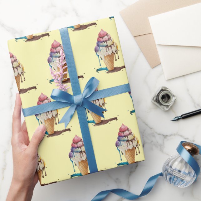 Dripping Ice Cream Cone on Yellow Wrapping Paper (Gifting)
