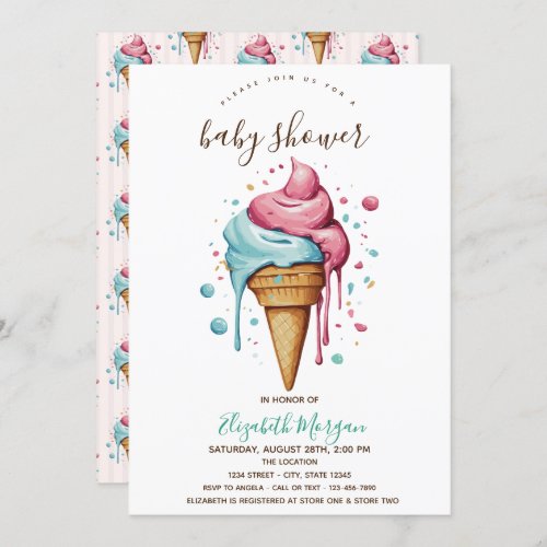 Dripping Ice Cream Pink Stripe Summer Baby Shower  Invitation