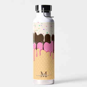 Dripping Ice Cream Sprinkles Waffle Cone Monogram Water Bottle