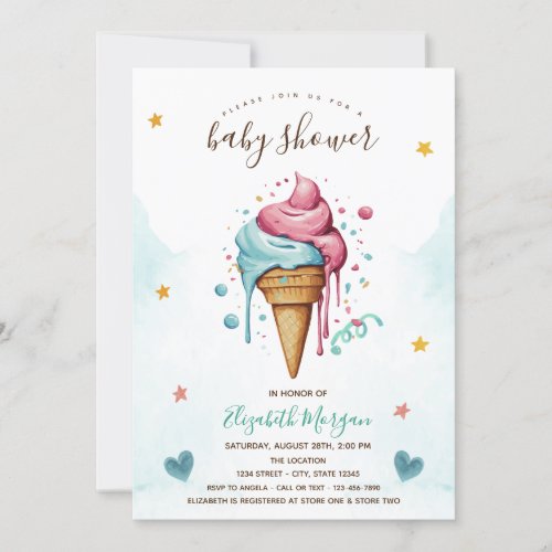 Dripping Ice Cream Stars Hearts Baby Shower   Invitation
