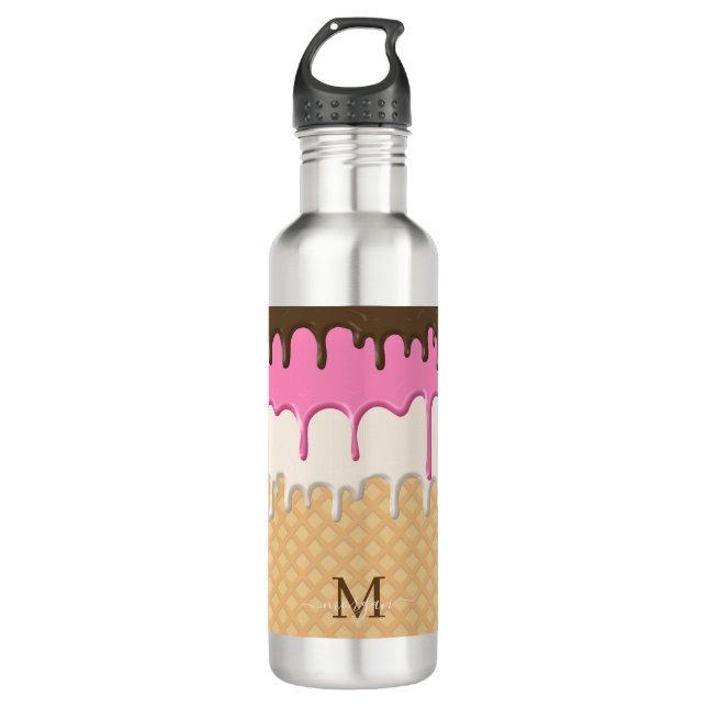 Dripping Ice Cream Waffle Cone Monogram  Stainless Steel Water Bottle (Front)