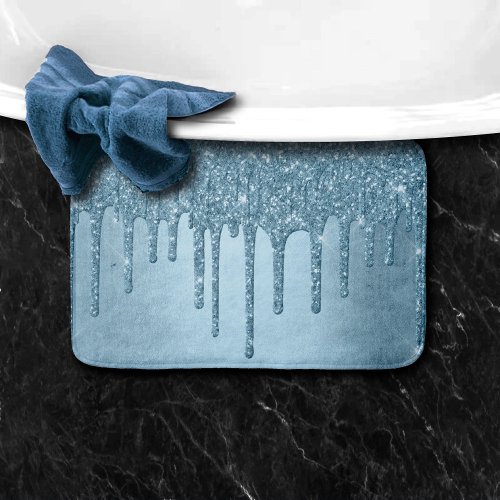 Dripping Ice Glitter  Blue Faux Sparkle Metallic Bath Mat