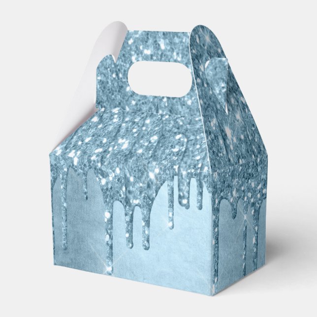 Dripping Ice Glitter | Blue Faux Sparkle Metallic Favor Boxes (Front Side)