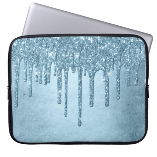 Dripping Ice Glitter  Blue Faux Sparkle Metallic Laptop Sleeve