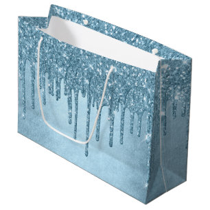 Dripping Ice Glitter Blue Faux Sparkle Metallic Large Gift Bag