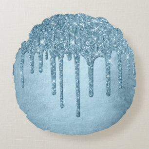 Dripping Ice Glitter Blue Faux Sparkle Metallic Round Pillow