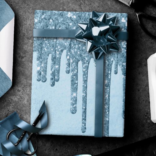 Dripping Ice Glitter  Blue Faux Sparkle Metallic Wrapping Paper