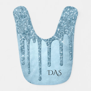 Dripping Ice Glitter   Blue Faux Sparkle Monogram Baby Bib