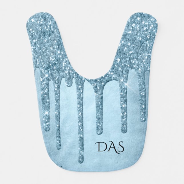Dripping Ice Glitter | Blue Faux Sparkle Monogram Baby Bib (Front)