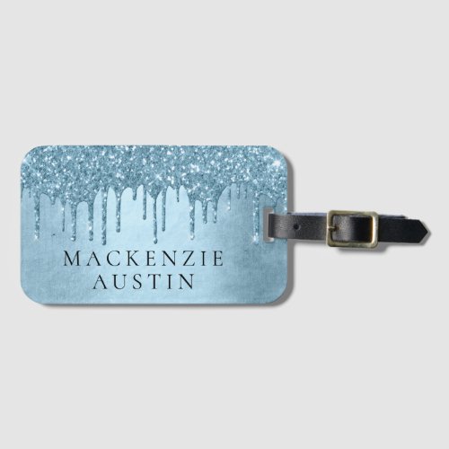 Dripping Ice Glitter  Blue Faux Sparkle Monogram Luggage Tag
