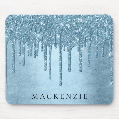 Dripping Ice Glitter  Blue Faux Sparkle Monogram Mouse Pad