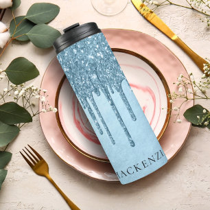 Dripping Ice Glitter Blue Faux Sparkle Monogram Thermal Tumbler