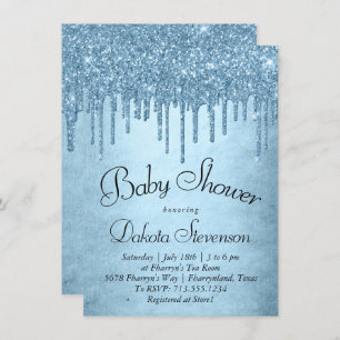 Dripping Ice Glitter   Blue Faux Sparkle Shower Invitation