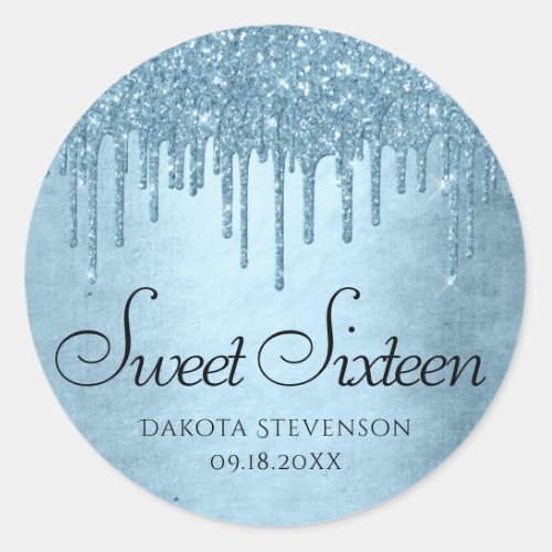 Dripping Ice Glitter  Blue Faux Sparkle Sweet 16 Classic Round Sticker