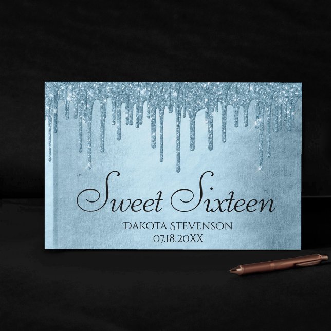 Dripping Ice Glitter | Blue Faux Sparkle Sweet 16 Guest Book (Creator Uploaded)