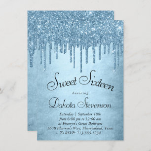 Dripping Ice Glitter Blue Faux Sparkle Sweet 16 Invitation