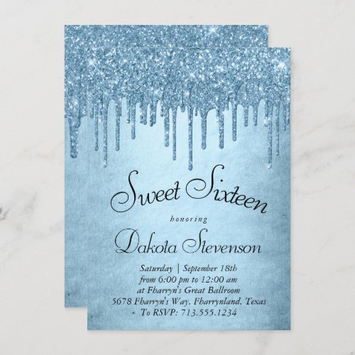 Dripping Ice Glitter  Blue Faux Sparkle Sweet 16 Invitation