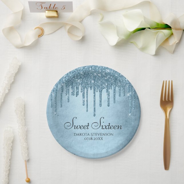 Dripping Ice Glitter | Blue Faux Sparkle Sweet 16 Paper Plates (Wedding)