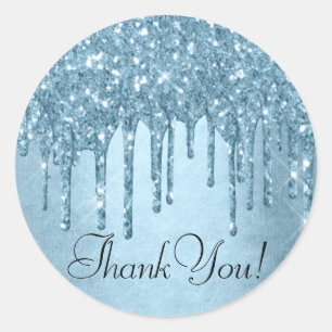 Dripping Ice Glitter Blue Faux Sparkle Thank You Classic Round Sticker