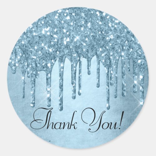 Dripping Ice Glitter  Blue Faux Sparkle Thank You Classic Round Sticker