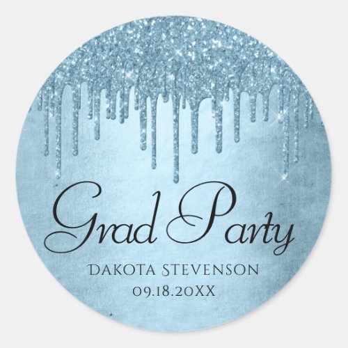 Dripping Ice Glitter  Blue Sparkle Graduation Classic Round Sticker