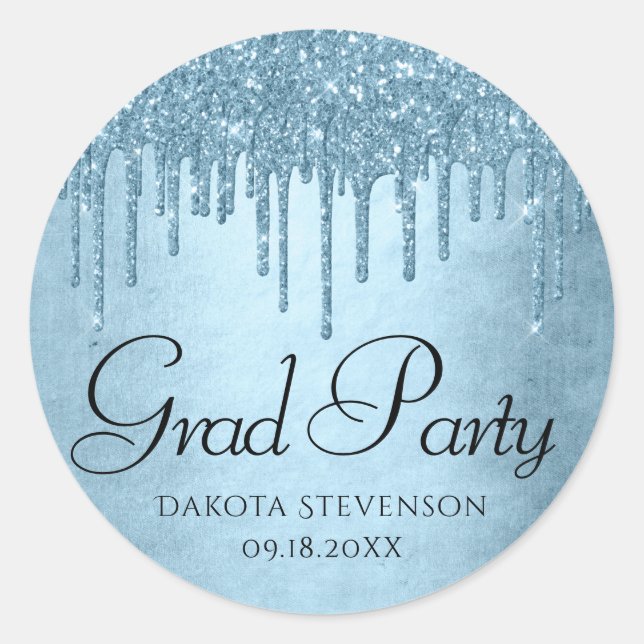 Dripping Ice Glitter | Blue Sparkle Graduation Classic Round Sticker (Front)