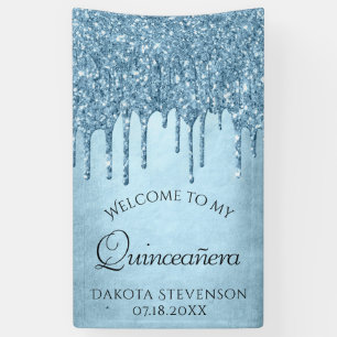 Dripping Ice Glitter Blue Sparkle Quinceanera Banner