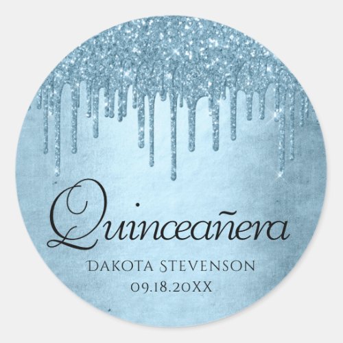 Dripping Ice Glitter  Blue Sparkle Quinceanera Classic Round Sticker